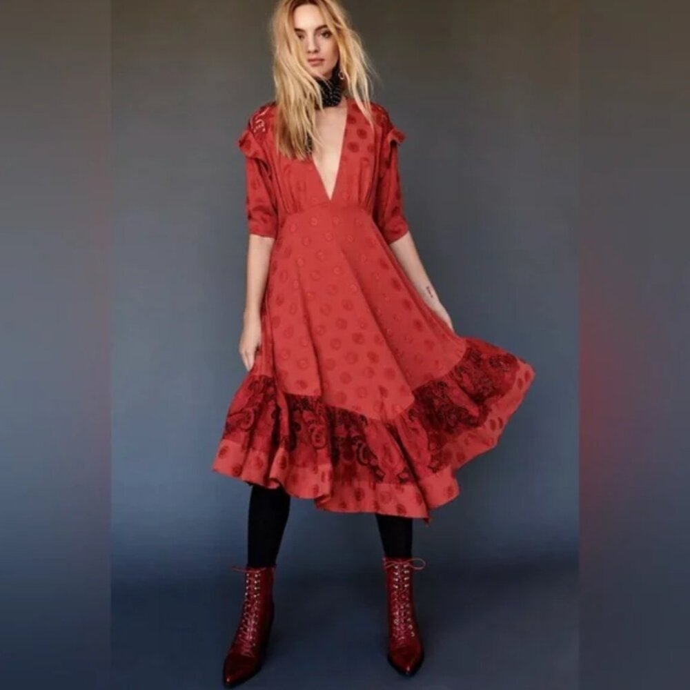 Free People Stevie Bobo Burnt Orange Red Midi Dress XS